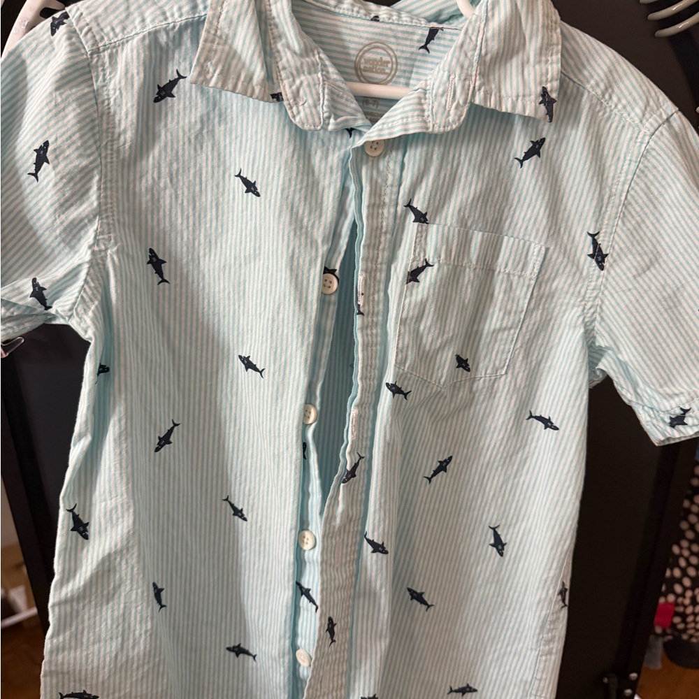 Wonder Nation Aqua Shark Patterned Button Down Shirt